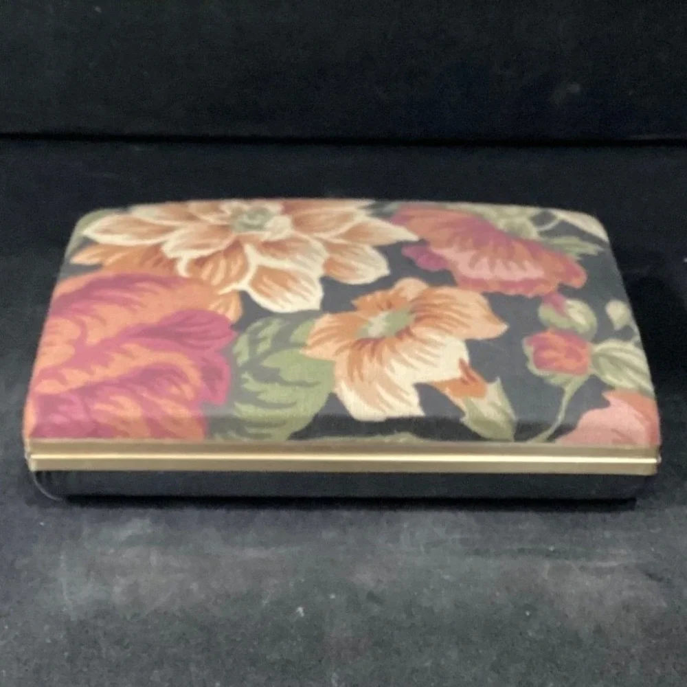 Floral Tapestry Jewelry Travel Case Mirror‎ Multi Compartment Gold Tone Vintage